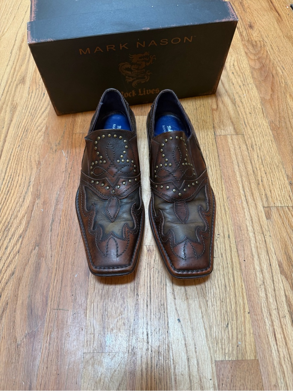 Mark Nason Brown Leather Western Slip-On URock Loafers with Stud Accents
